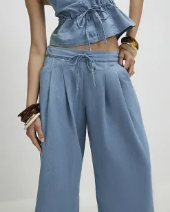 Blue Denim Look Drawstring Wide Leg Trousers