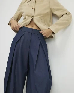 Blue Denim Look Pleated Trousers