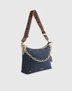 Blue Denim Monogram Print Chain Shoulder Bag