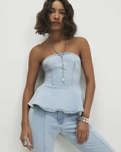 Blue Denim Peplum Bandeau Top