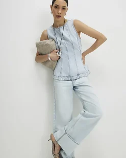 Blue Denim Seamed Peplum Top