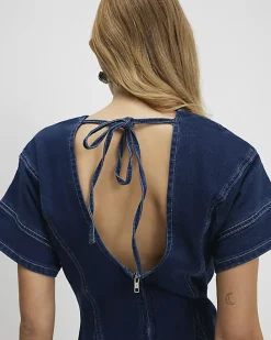 Blue Denim Short Sleeve Seamed Mini Dress