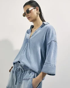 Blue Denim Short Sleeve Tunic Top