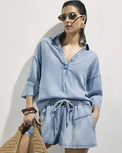 Blue Denim Short Sleeve Tunic Top