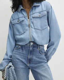 Blue Denim Tencel Bubble Hem Bomber Jacket