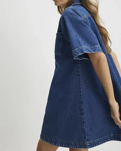 Blue Denim Zip Front Mini Shirt Dress