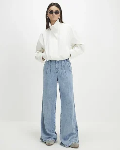 Blue Elasticated Dart Front Wide Leg Jeans