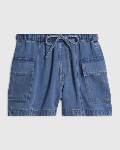 Blue Elasticated Waist Denim Cargo Shorts