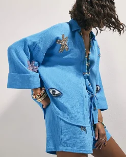 Blue Embellished Beach Shirt