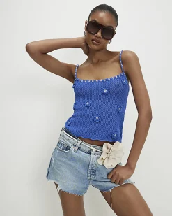 Blue Embellished Flower Knit Cami Top