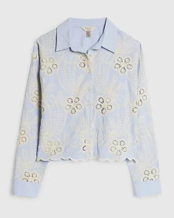 Blue Embroidered Crochet Shirt
