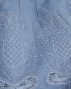 Blue Embroidered Elastic Denim Shorts