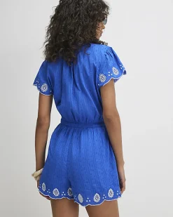 Blue Embroidered Playsuit