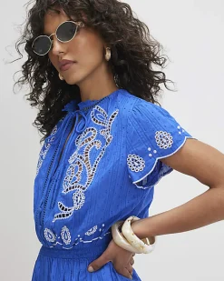 Blue Embroidered Playsuit