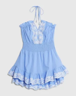 Blue Embroidered Ruffle Playsuit