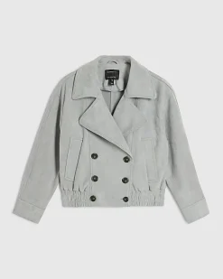 Blue Faux Suede Collared Bomber Jacket