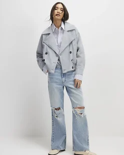 Blue Faux Suede Collared Bomber Jacket