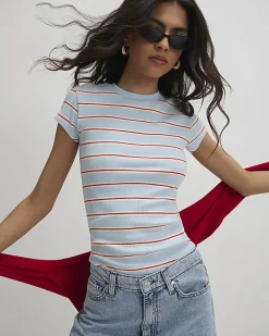 Blue Fitted Stripe Ribbed T-Shirt