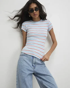Blue Fitted Stripe Ribbed T-Shirt
