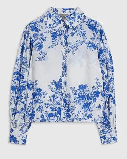 Blue Floral Boarder Print Linen Blend Blouse