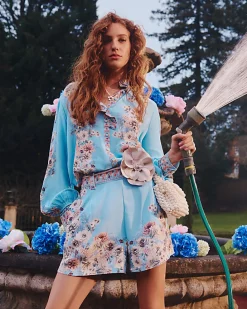 Blue Floral Boarder Print Blouse