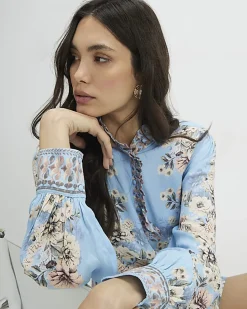Blue Floral Boarder Print Blouse