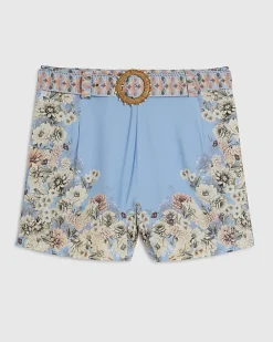 Blue Floral Border Print Shorts