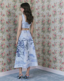 Blue Floral Border Print Midi Skirt