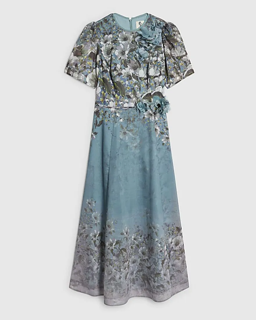 Blue Floral 3D Corsage Midi Dress