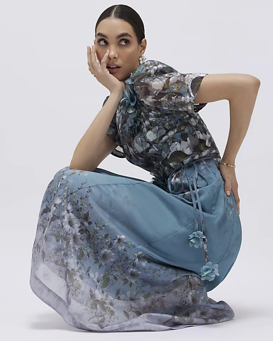 Blue Floral 3D Corsage Midi Dress
