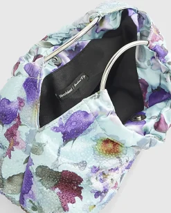 Blue Floral Embellished Grab Top Clutch Bag