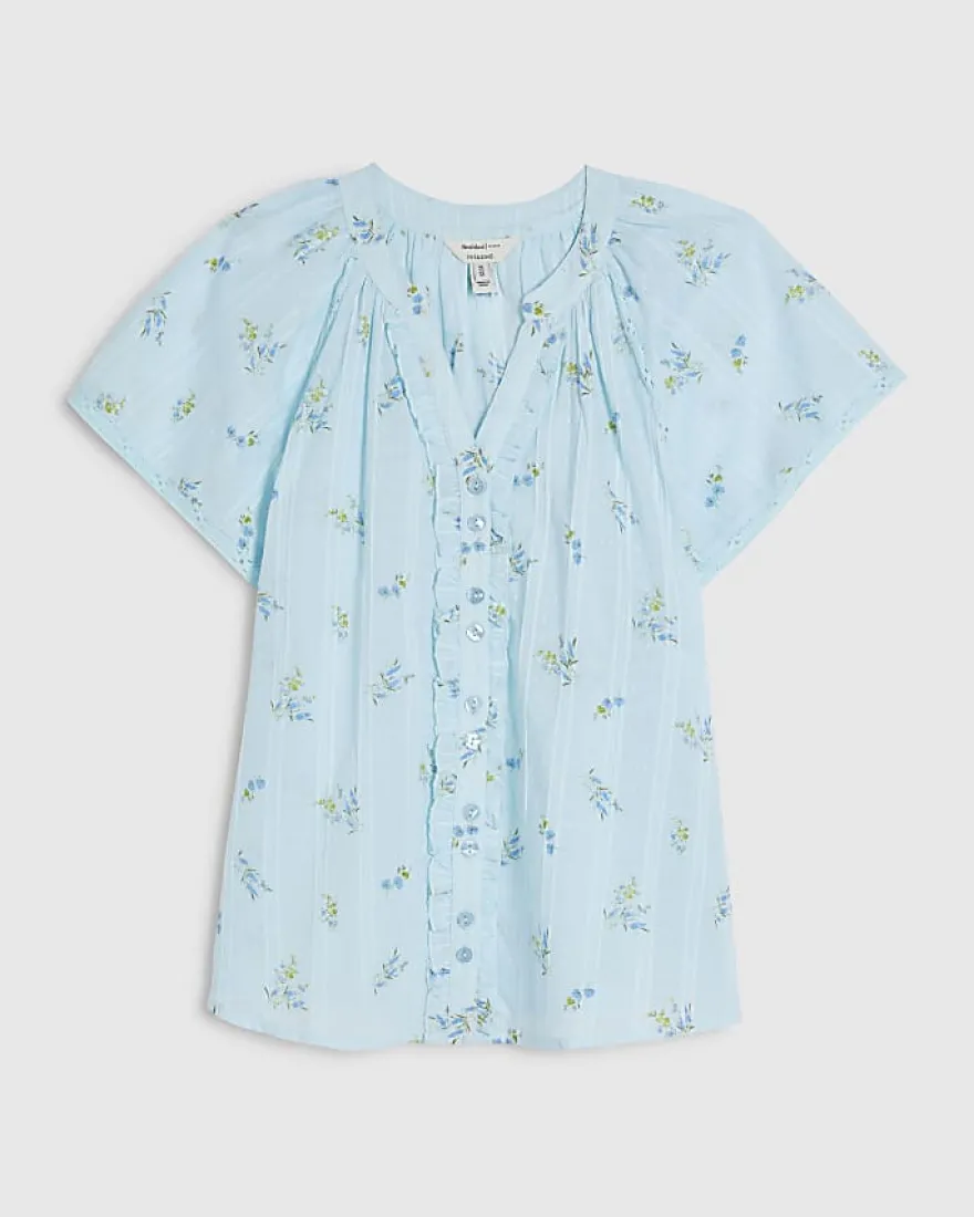 Blue Floral Frill Short Sleeve Blouse