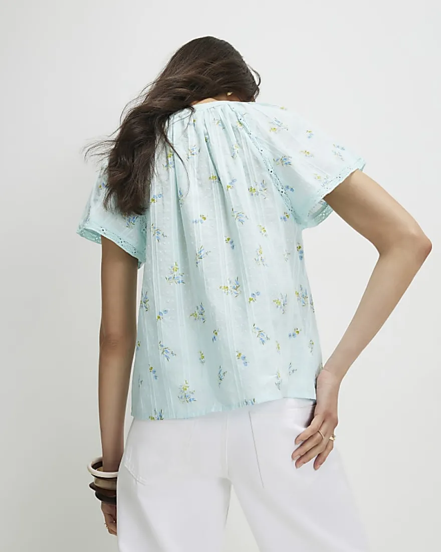 Blue Floral Frill Short Sleeve Blouse