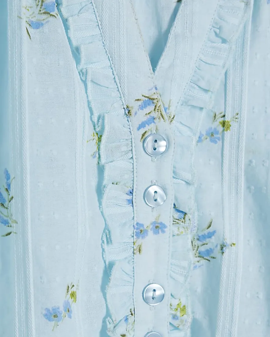 Blue Floral Frill Short Sleeve Blouse