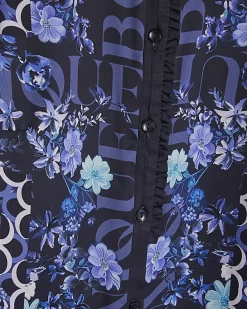 Blue Floral Long Sleeve Ruffle Blouse
