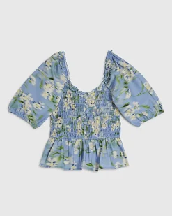 Blue Floral Print Puff Sleeve Shirred Top