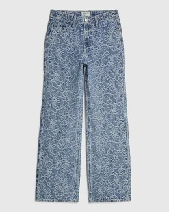 Blue Floral Print Relaxed Straight Jeans