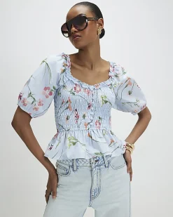 Blue Floral Puff Sleeve Shirred Top