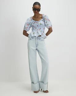 Blue Floral Puff Sleeve Shirred Top