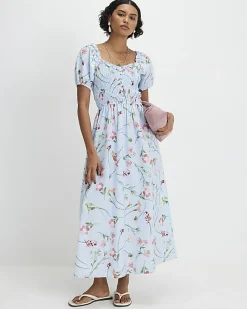 Blue Floral Shirred Midi dress