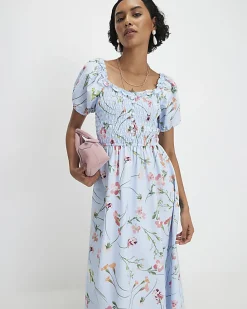 Blue Floral Shirred Midi dress
