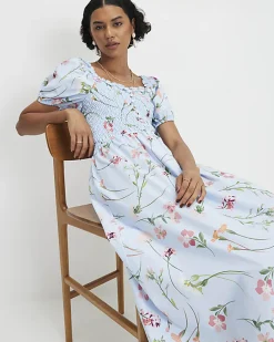 Blue Floral Shirred Midi dress