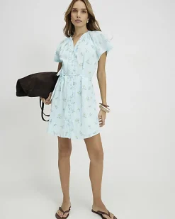 Blue Floral Short Sleeve Mini Dress