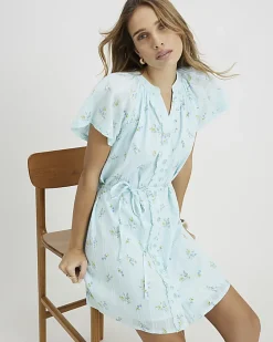 Blue Floral Short Sleeve Mini Dress