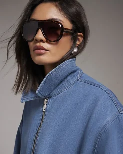 Blue Gather Detail Denim Bomber Jacket