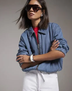 Blue Gather Detail Denim Bomber Jacket