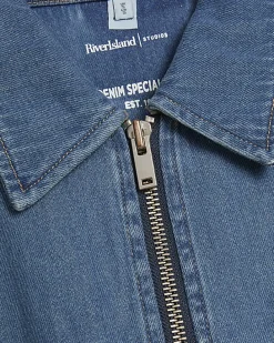 Blue Gather Detail Denim Bomber Jacket