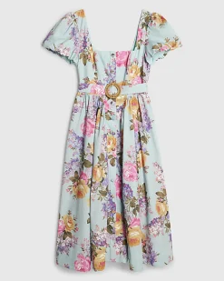 Blue Gathered Hip Floral Midi Dress