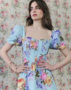 Blue Gathered Hip Floral Midi Dress