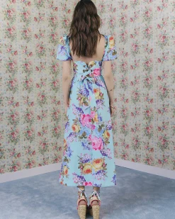 Blue Gathered Hip Floral Midi Dress